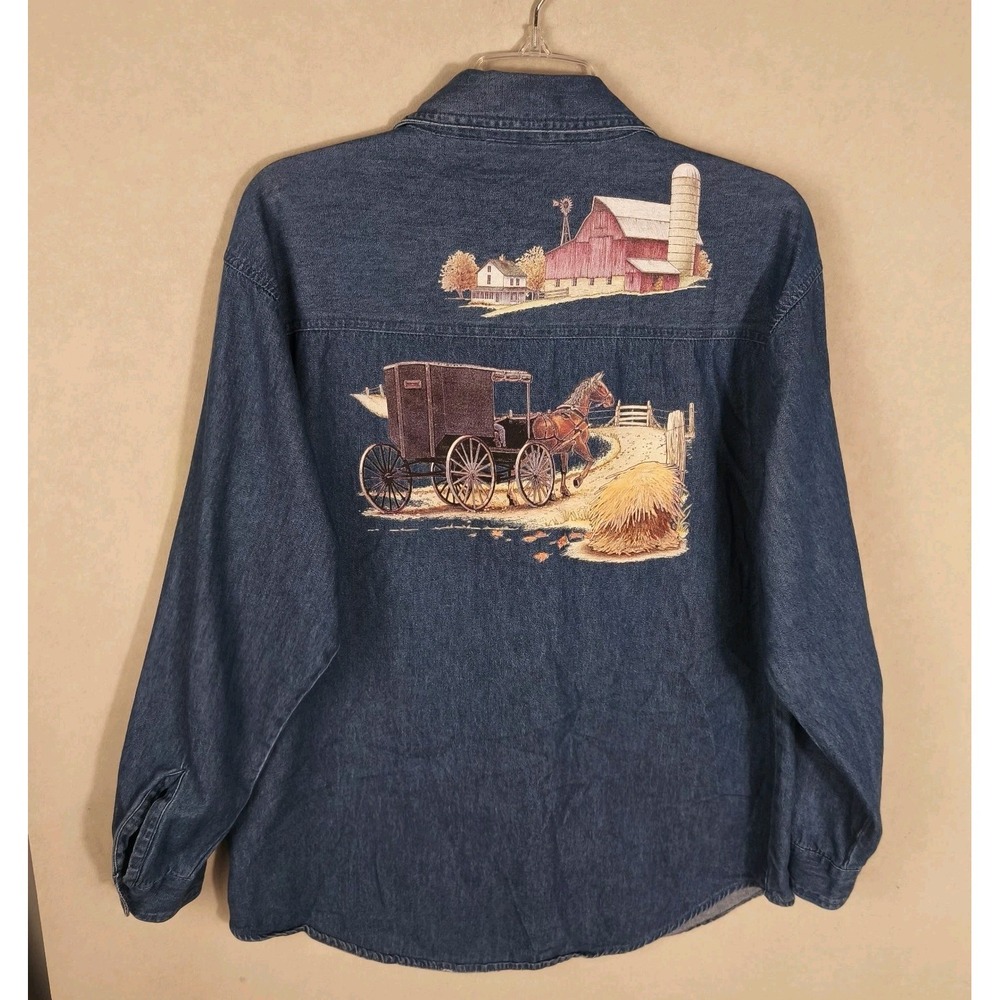 Vintage PTNY Denim Shirt Womens Medium Blue Farm Horse Carriage Graphic Cotton